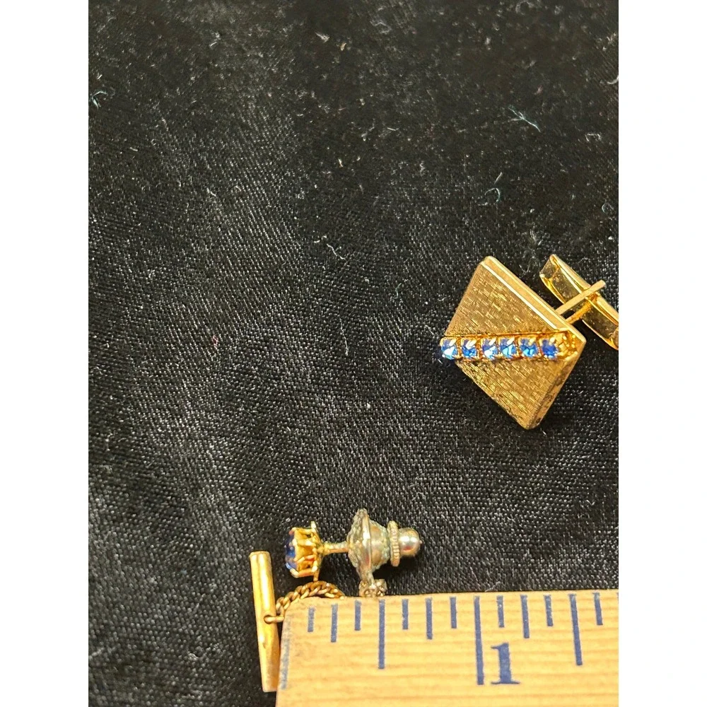 Vintage Gold Tone Textured Square Cufflinks and Tie Tack Set Blue Rhinestones